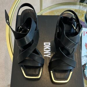 DKNY Black Sandals with Gold Accents